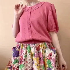 ヴィンテージ レトロ 花刺繍レース襟 パフスリーブ サマーニット 一点物 ピンクのサムネイル