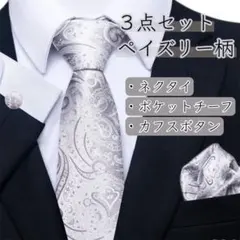 ネクタイ・チーフ・カフス 3点セット ペイズリー柄 結婚式 入学式