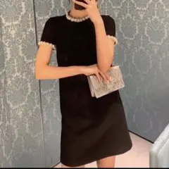 韓国　ドレス　半袖ワンピース　パーティー　結婚式　ミニ　ビジュ　パール　美品