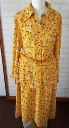 レトロ柄　花柄ロングシャツワンピース 黄色