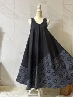 4-8大島紬リメイク　大島紬ロングワンピース　大島紬ジャンパースカート