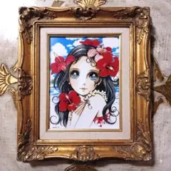 【F6号】水森亜土（flower girl ）手描き作品/表裏サイン/油彩/額縁 F6号】水森亜土（flower girl ）手描き作品/表裏サイン/油彩/額縁