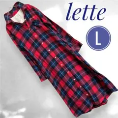 【lette】タータンチェック柄 長袖シャツワンピース Lサイズ レッド×ブルー