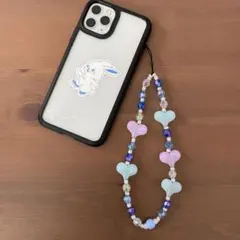 ⓖビーズストラップ 韓国 キーホルダー スマホ ハート ブルー パープル クリア