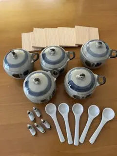 鴨の蓋付き茶碗蒸し器 5客セット スプーン付き カモ柄　和食器のサムネイル