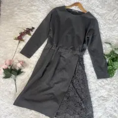 膝丈フレア　ワンピース　グレー　レース　七部丈　ノーカラー　40