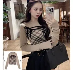 GRL チェック柄フロントオープンリボンニットトップス [ru1374]