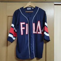 90s FILA フィラ メッシュ ベースボールシャツ ネイビー S