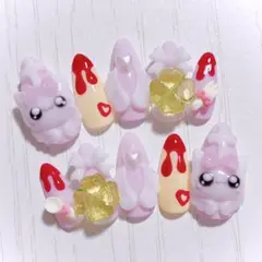 No.744　ネイルチップ 現品 量産型 地雷系 サブカル 平成女児 猫 ピンク