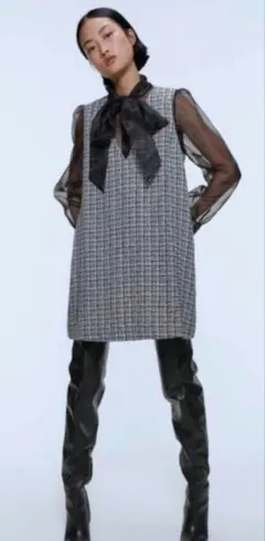 ZARA ツイード リボンタイ ワンピース