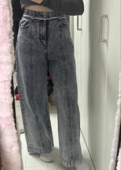 グレー ハイウエスト ワイドレッグ デニムパンツ
