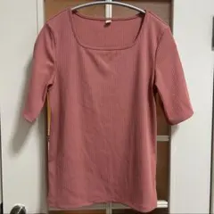 UNIQLO リブ編み スクエアネック 五分袖トップス ピンクMサイズ