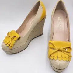 DIANA ウェッジソールパンプス 24cm 本革 ジュート リボン 黄