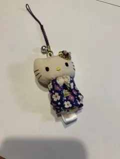 ハローキティ 着物 マスコット 根付け ストラップ 紫 花柄