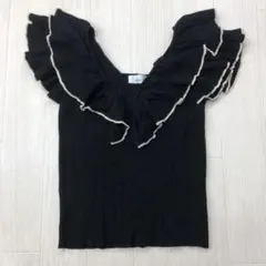 美品 DEICY フリル リブ ニット フレンチスリーブ ブラック フリー