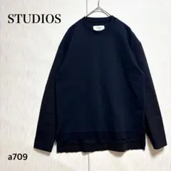 ステュディオス/長袖カットソー/Ｓ相当/ネイビー/クルーネック/綿混/ストレッチ