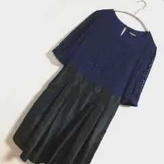 レース＆シャンタンワンピース　ネイビー マタニティ　授乳服　 М　L