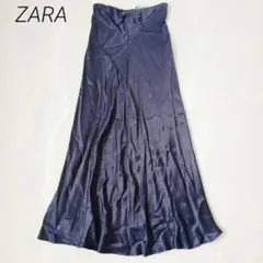 ZARA ザラ　サテンミディスカート　ネイビー　XS ロング　光沢感　レーヨン