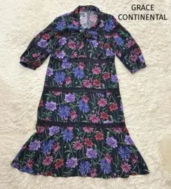 グレースコンチネンタル　未使用に近い　フラワープリントレースワンピース　ボウタイ