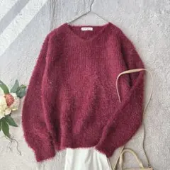 美品(F)シャギーニット/長袖セーター/Vネック/プルオーバー/ボルドー