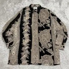 ペイズリー調×花柄 スカーフ柄 キュプラ100% 総柄シャツ M 黒×ベージュ