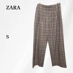ZARA ザラ ワイドパンツ S ブラウン チェック柄 タックパンツ レディース