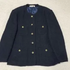 ツイードノーカラージャケット　金ボタン　紺　ネイビー　11号