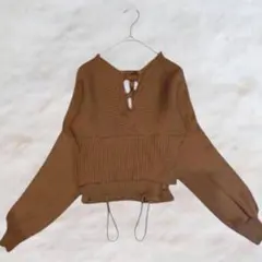 前後Vネック長袖リブニット ショート丈 肌見せ リボン かわいい 茶色6812☆