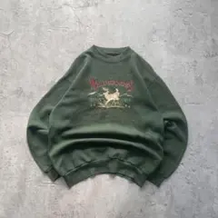 90’s USA古着 アニマル スウェット トレーナー 刺繍 シカ グリーン