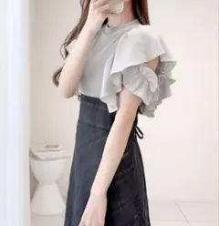 mily bilet ダブルフリル袖チェックレースドッキングワンピースグレー