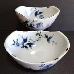 新品 有田焼 福泉窯 染付草花紋 耳付変形鉢2個　お祝いのサムネイル
