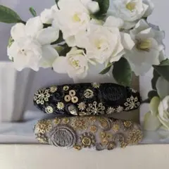 インド刺繍リボン　大きめオーバルパッチンピン　大人のグレー　2個セット