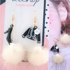 カメリアハイヒールチャーム ミンクファー ロングピアス シャネルストーン可