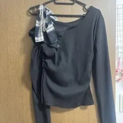 SHEIN 長袖カットソー ブラック チェック柄リボン