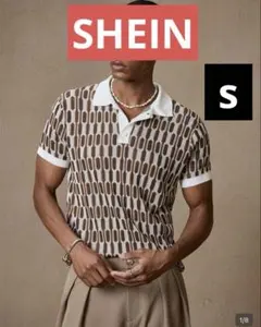 SHEIN ポロシャツ ブラウン　シーン　幾何学模様　半袖　伸縮性　美品のサムネイル