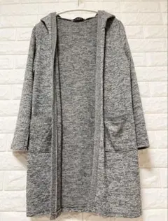 フード付きグレー 長袖 ニット ロング カーディガン 薄手　ポケット付き　MーL