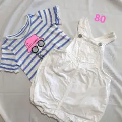 【BABY GAP】ストライプTシャツと白オーバーオールセット 80
