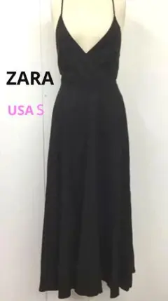 ZARA リネンブレンドキャミワンピース バックリボン マキシ丈 黒