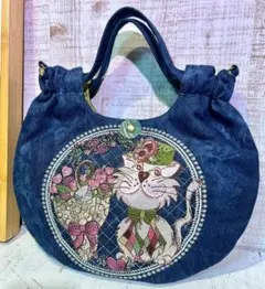 ロラライハリス♡ダークブルーWデニム♡刺繍の丸型ふんわり絞りバッグS♡