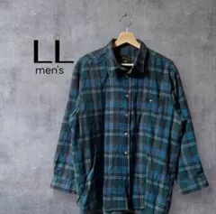 メンズシャツ　チェック柄　長袖　ブルー　LL　アメカジ　大きめサイズ