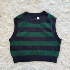 H&M ケーブル編み ボーダー ニットベスト 紺 緑 クロップド丈 短丈 M