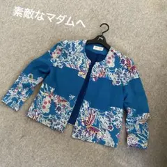 縮緬風花柄ノーカラージャケット 青M✨美品✨