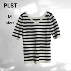 【PLST】(M) ボーダー Vネック 5分袖ニット プルオーバー 伸縮性のサムネイル