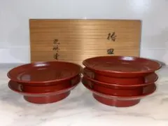 未使用 川連漆器 根元泰蔵商店 本漆塗 天然木 汁椀 銘々皿 丸盆各2点計 