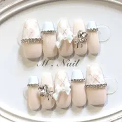 ネイルチップ フレンチガーリー リボン 水色 チェックネイル 量産型 韓国