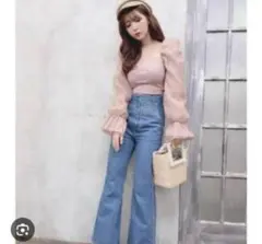 ZARA オーガンザートップス オーガンジー パフスリーブ リブニット ピンクM