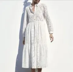 ZARA☆カットワーク　エンブロイダリー　ミディワンピース　白　刺繍　レース　S