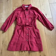 ZARA KIDS シャツワンピ　130 128cm 長袖 ウエストリボン 赤
