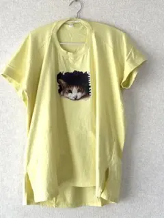 猫プリント イエロー オーバーサイズTシャツのサムネイル