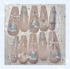量産型　さくらんぼ　水色　ネイルチップ／ロング⑧／バレリーナ型（標準サイズ）